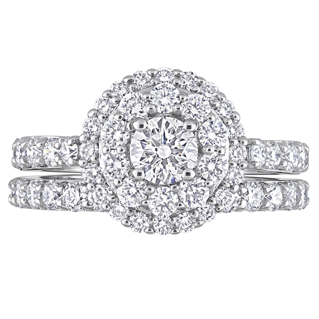 Round Cut Lab Grown Diamond Halo Bridal Set Ring 14K White Gold (1.74ct)