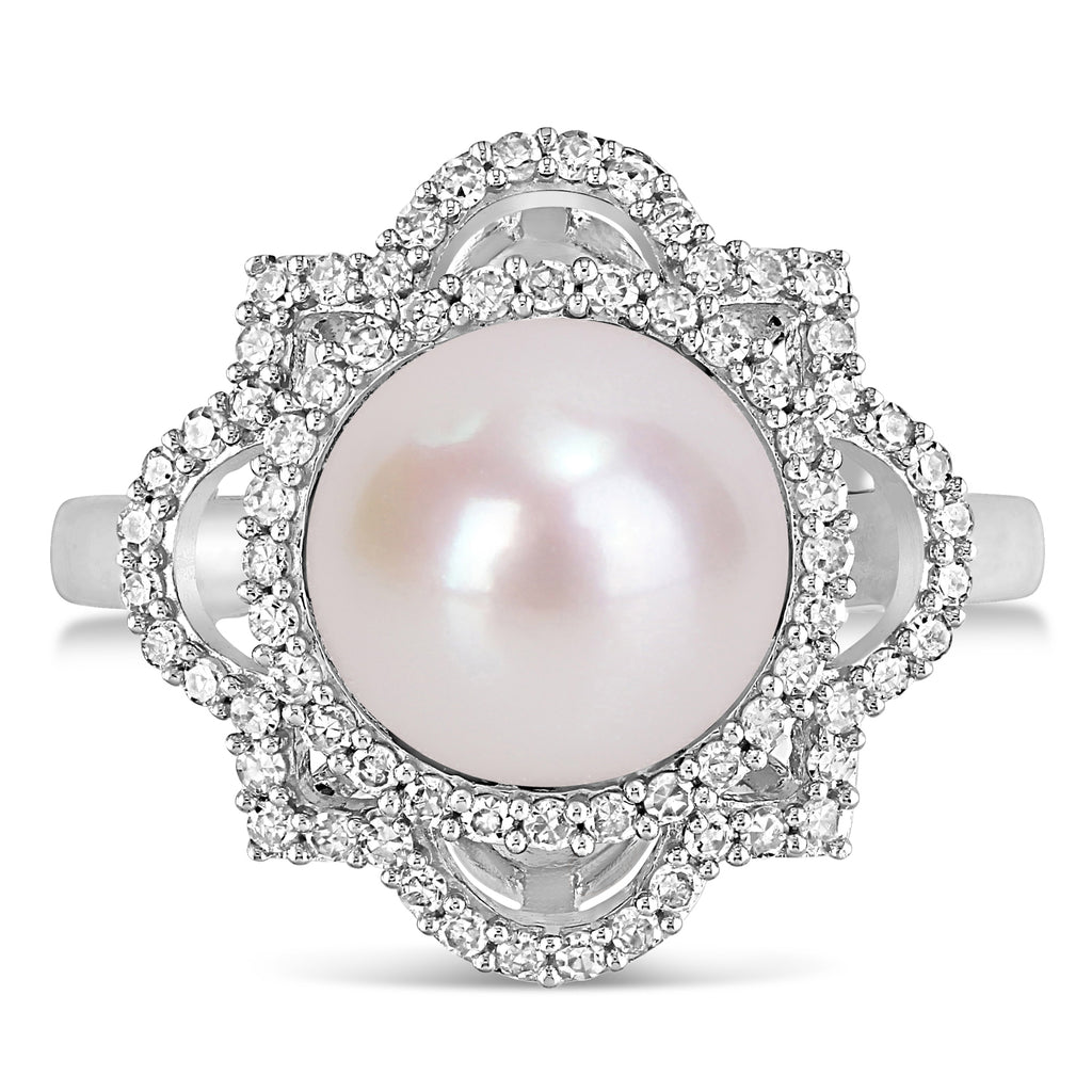 Round Freshwater Cultured White Pearl and Diamond Ring 14k White Gold (0.375 ct)