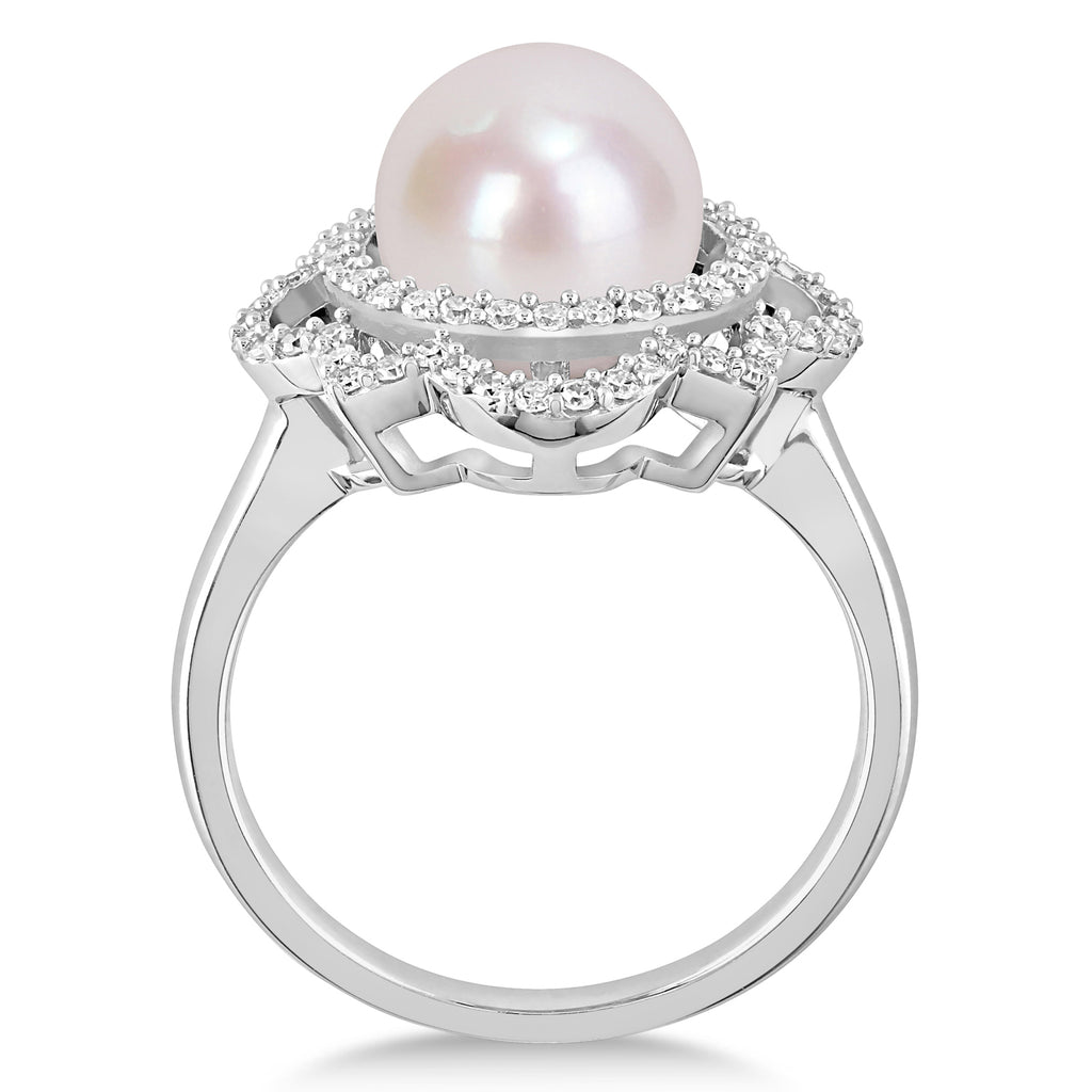 Round Freshwater Cultured White Pearl and Diamond Ring 14k White Gold (0.375 ct)