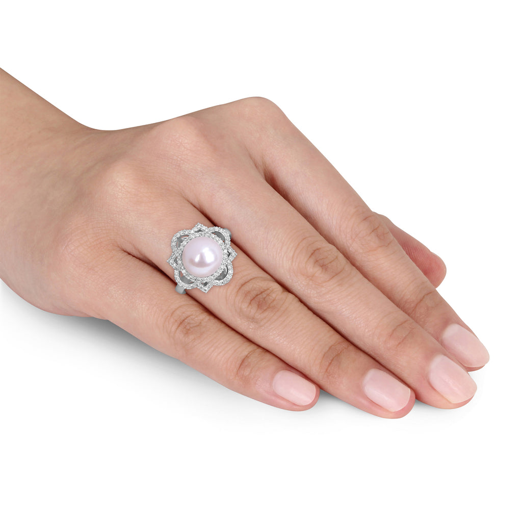 Round Freshwater Cultured White Pearl and Diamond Ring 14k White Gold (0.375 ct)