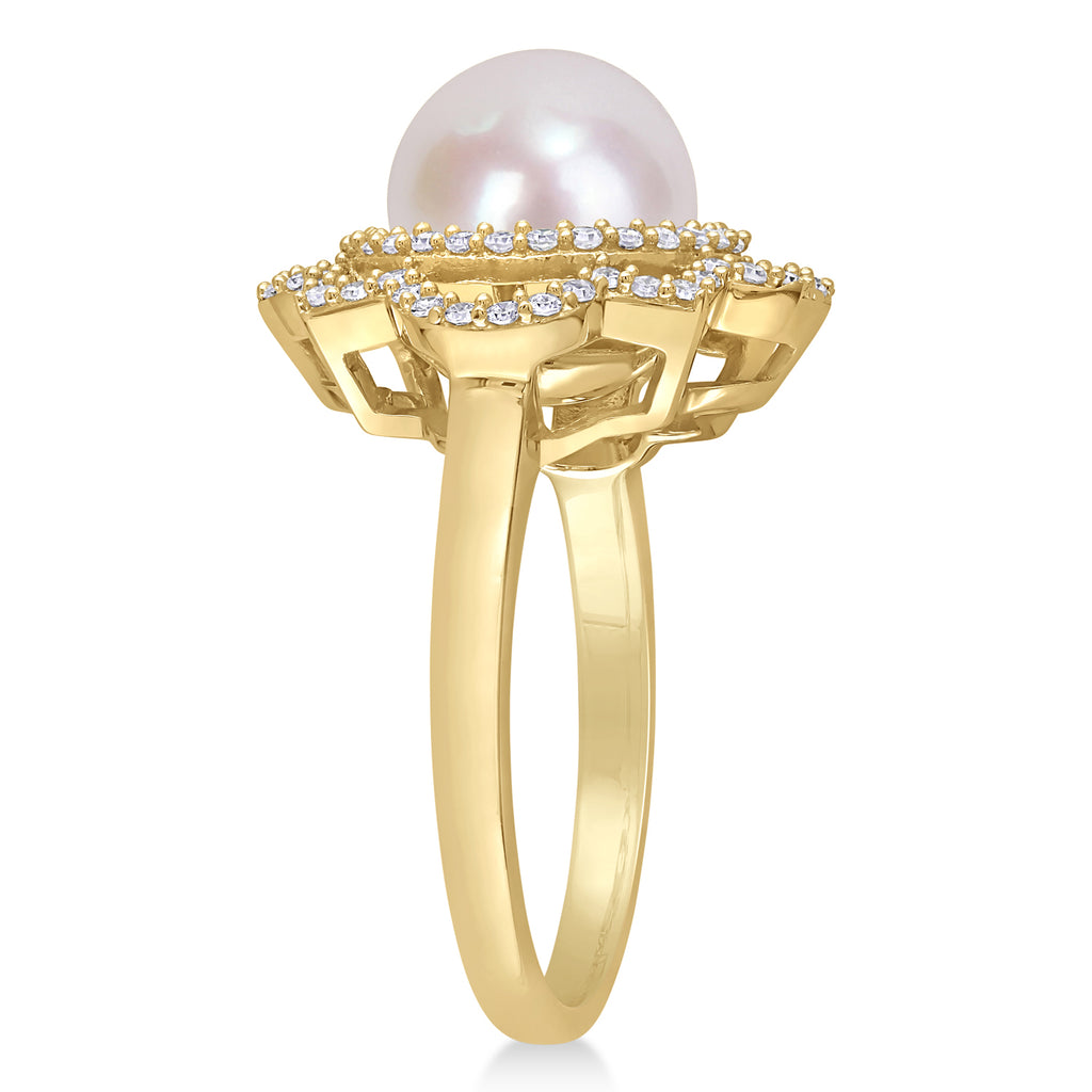 Round Freshwater Cultured White Pearl and Diamond Ring 14k Yellow Gold (0.375 ct)
