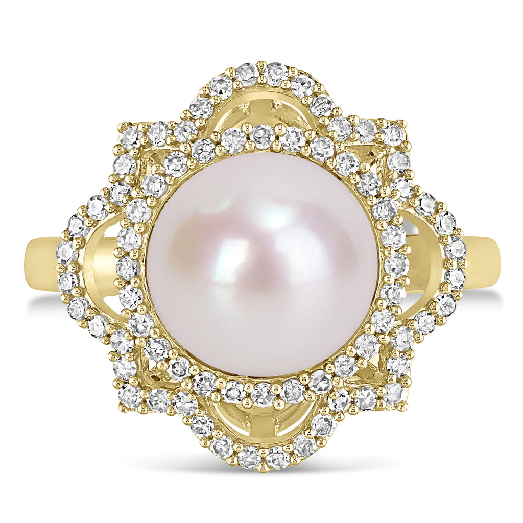 Round Freshwater Cultured White Pearl and Diamond Ring 14k Yellow Gold (0.375 ct)