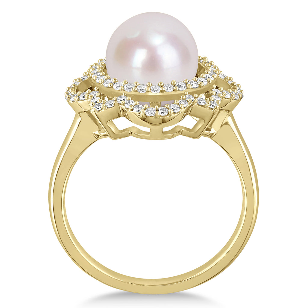 Round Freshwater Cultured White Pearl and Diamond Ring 14k Yellow Gold (0.375 ct)