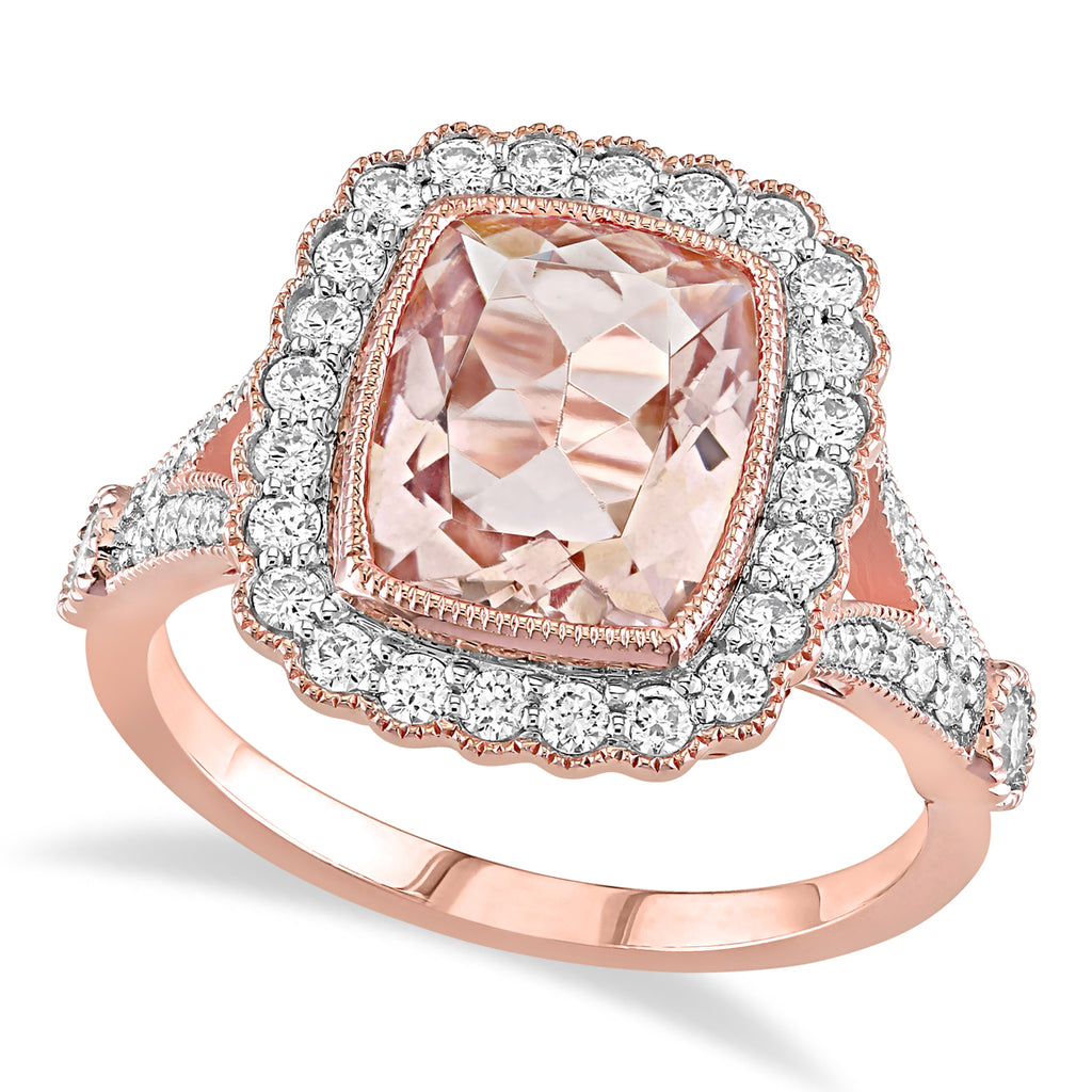 Cushion Morganite, Round White Sapphire and Round Diamond Ring 14k Rose Gold (3.50 ct )