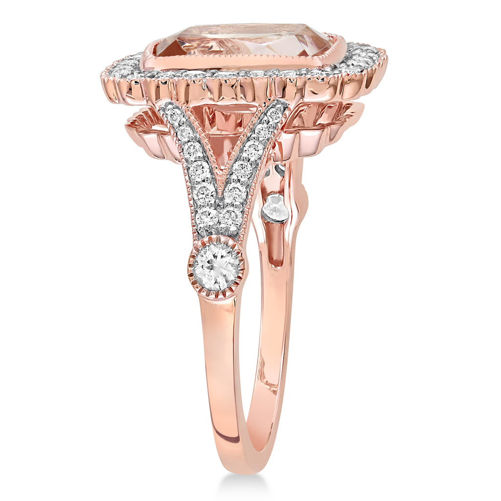 Cushion Morganite, Round White Sapphire and Round Diamond Ring 14k Rose Gold (3.50 ct )