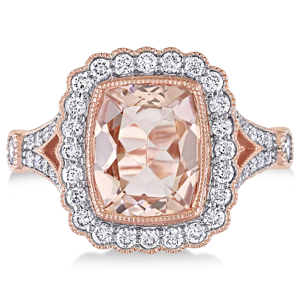 Cushion Morganite, Round White Sapphire and Round Diamond Ring 14k Rose Gold (3.50 ct )