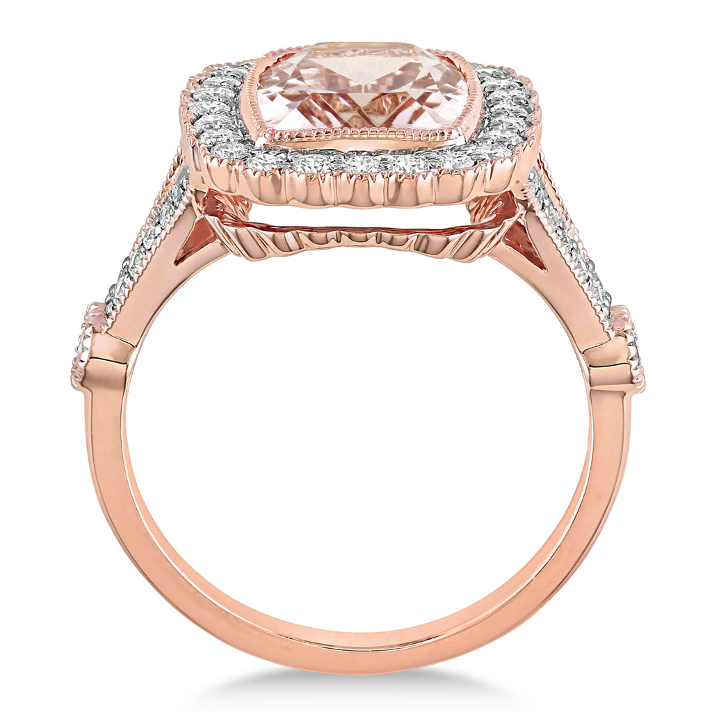Cushion Morganite, Round White Sapphire and Round Diamond Ring 14k Rose Gold (3.50 ct )
