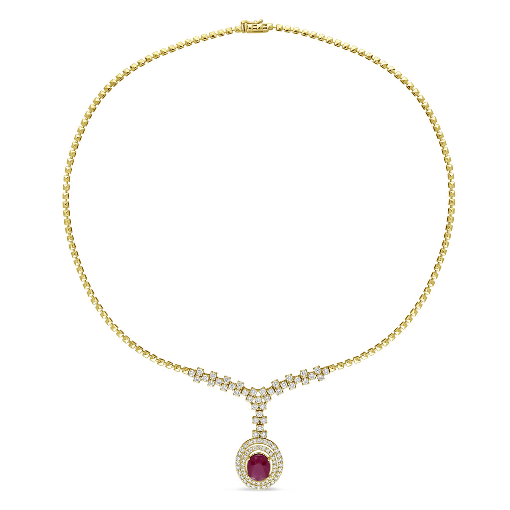 Oval Ruby & Round Diamond Pendant Necklace 14k Yellow Gold (6.50 ct )