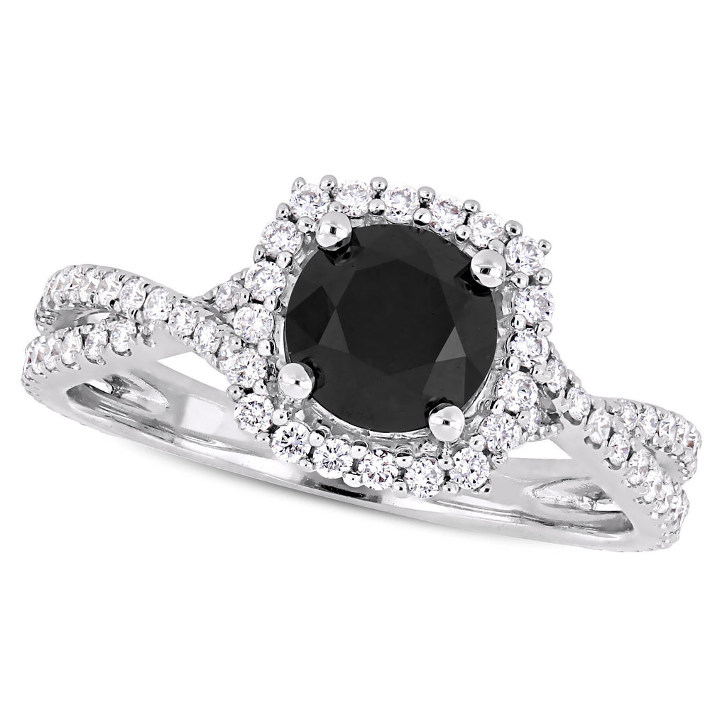 Round Cut Black and White Diamond Halo Ring 14k White Gold (1.50ct)