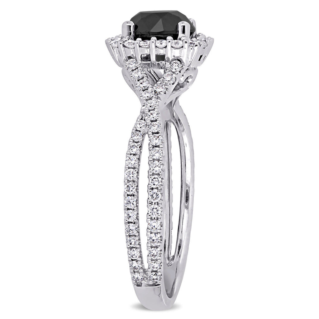 Round Cut Black and White Diamond Halo Ring 14k White Gold (1.50ct)