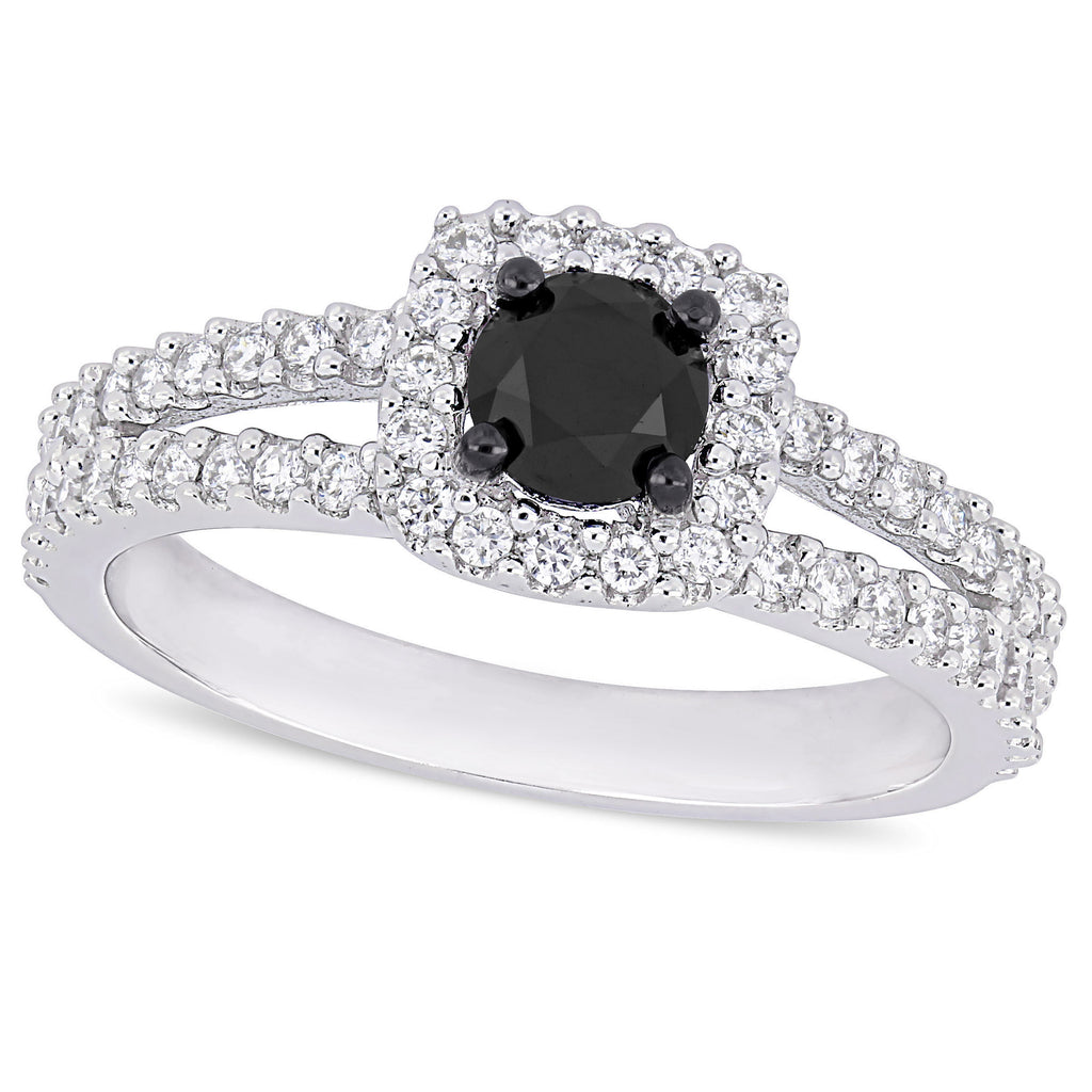 Round Cut Black and White Diamond Halo Ring 14k White Gold (0.98ct)
