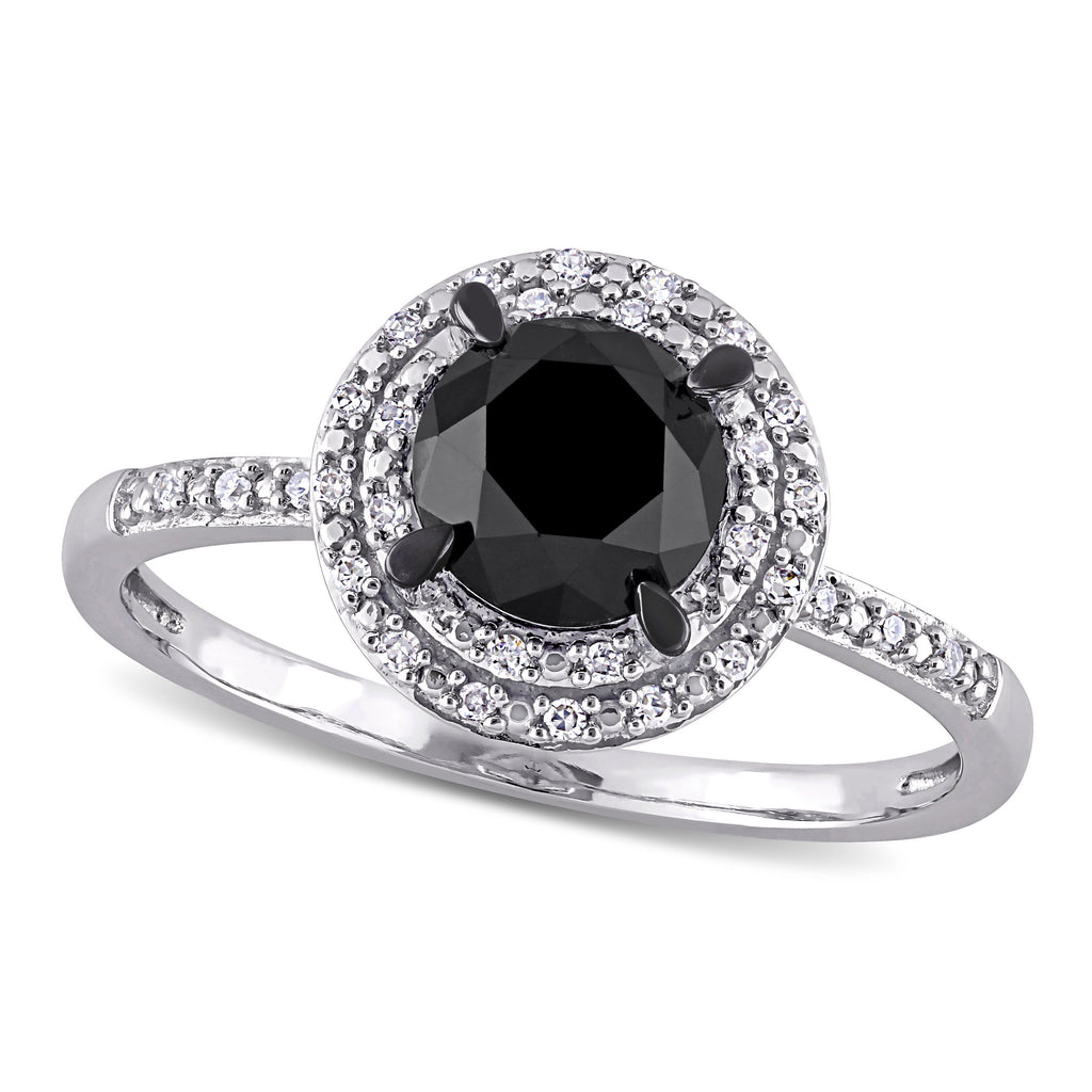 Round Black and White Diamond Double Halo Ring 14k W. Gold (1.61ct)
