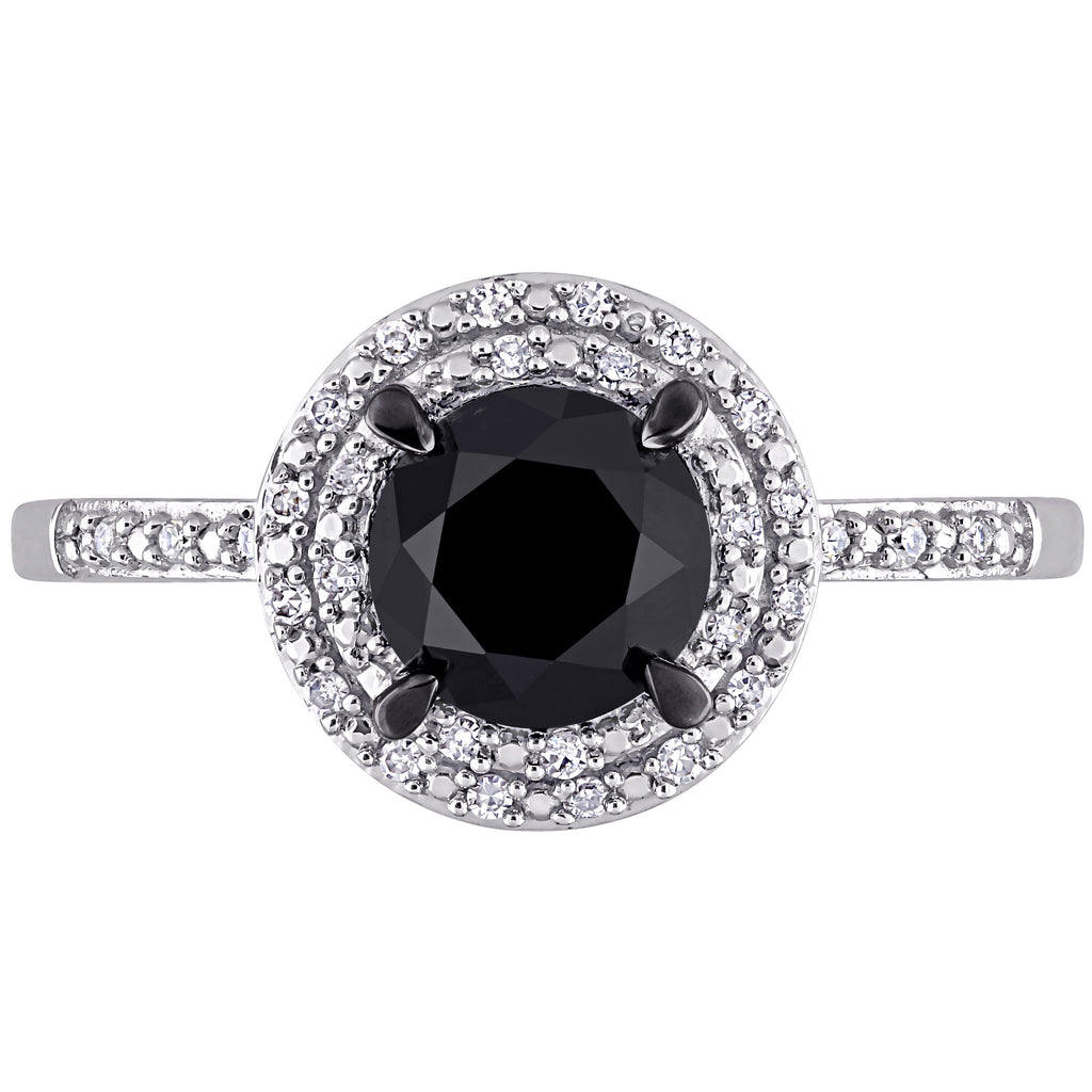 Round Black and White Diamond Double Halo Ring 14k W. Gold (1.61ct)