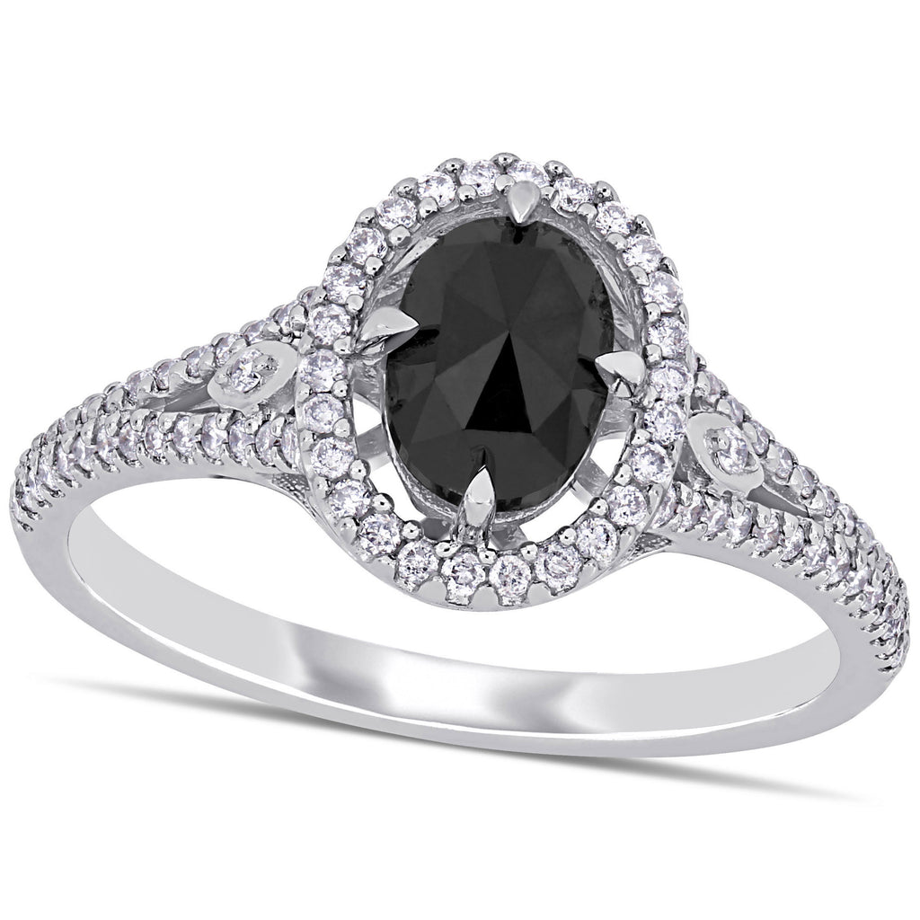 Oval Cut Black & Round White Diamond Halo Ring 14k White Gold (1.23ct)