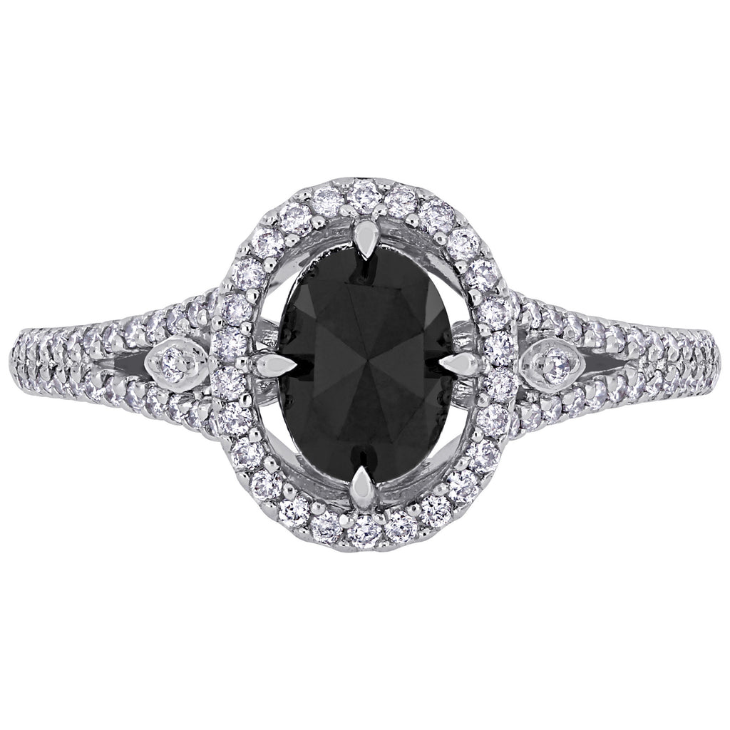 Oval Cut Black & Round White Diamond Halo Ring 14k White Gold (1.23ct)
