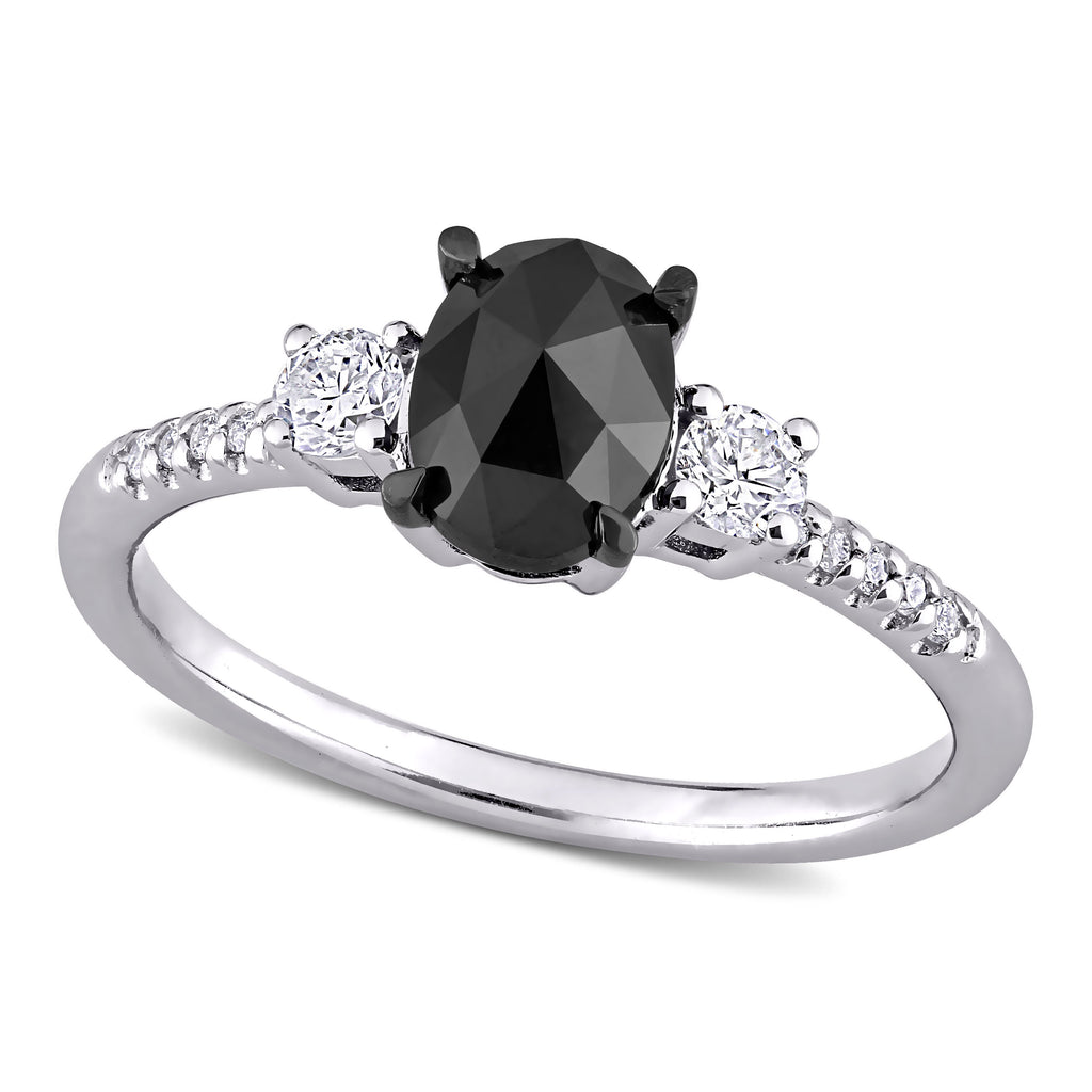 Oval Black & Round White Diamond Three-Stone Ring 14k W. Gold (1.20ct)