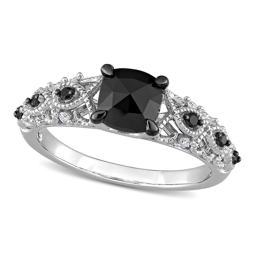 Cushion Black & Round White Diamond Fashion Ring 14k W. Gold (1.13ct)