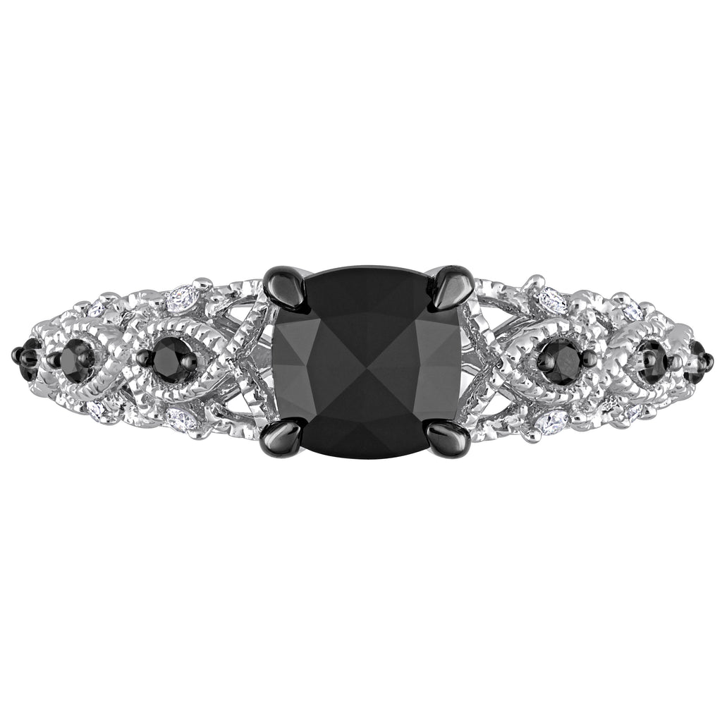 Cushion Black & Round White Diamond Fashion Ring 14k W. Gold (1.13ct)