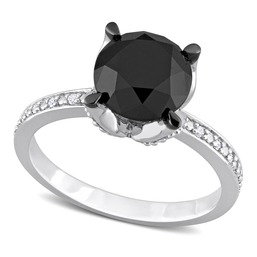 Round Cut Black and White Diamond Solitaire Ring 14k W. Gold (3.06ct)