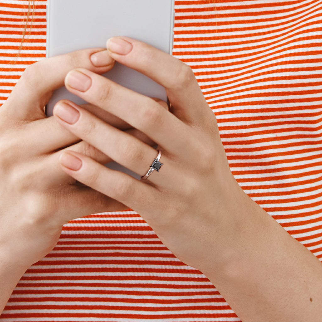 Cushion Cut Black Diamond Solitaire Ring in 14k White Gold (1.00ct)