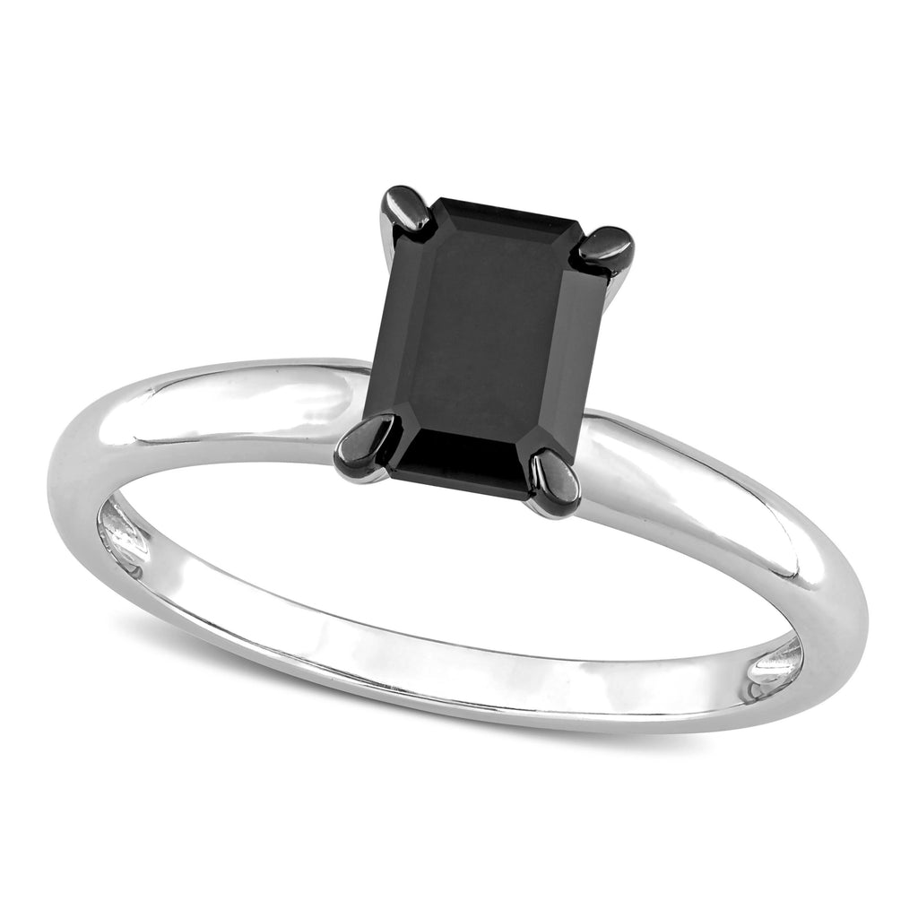 Emerald Cut Black Diamond Solitaire Ring in 14k White Gold (1.00ct)