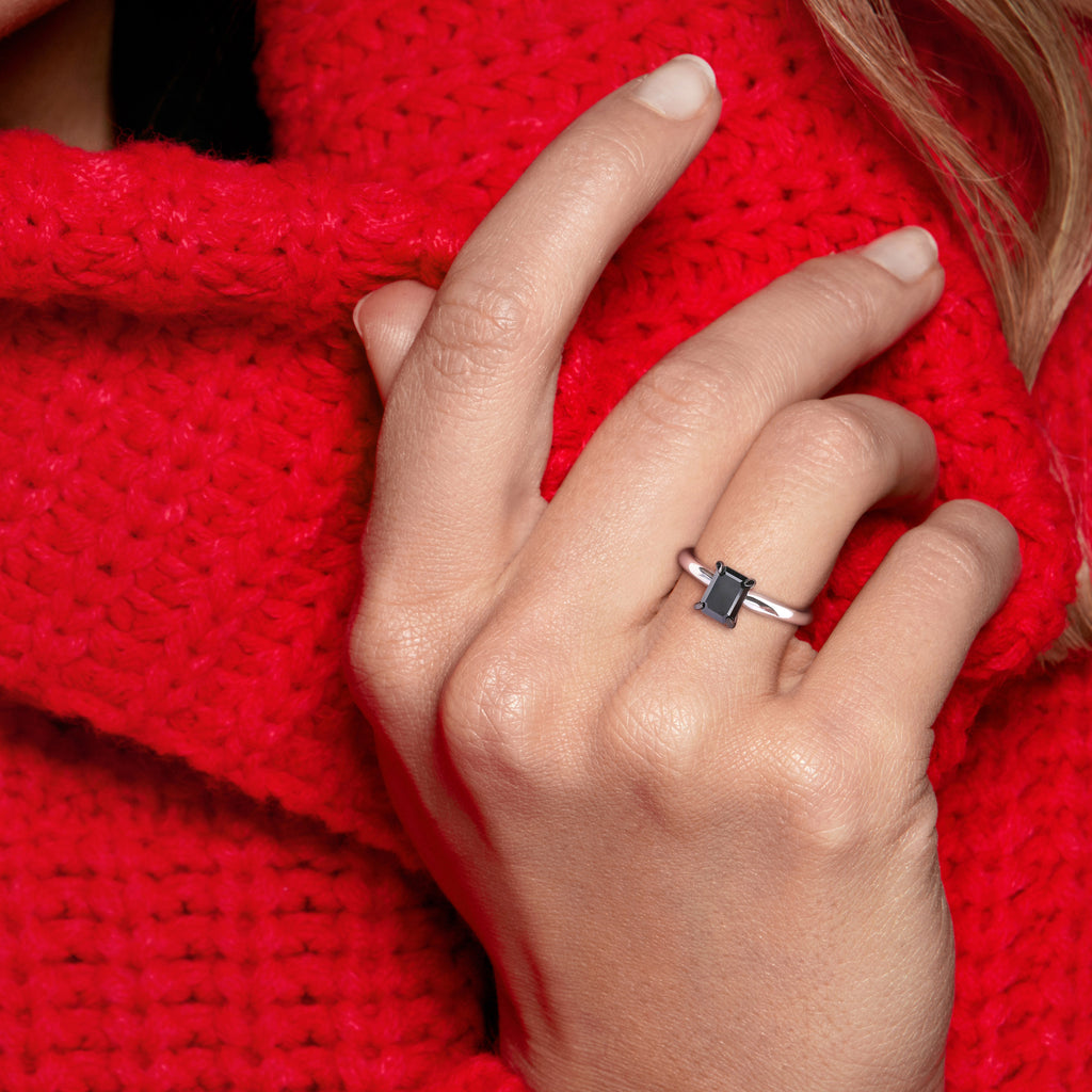 Emerald Cut Black Diamond Solitaire Ring in 14k White Gold (1.00ct)