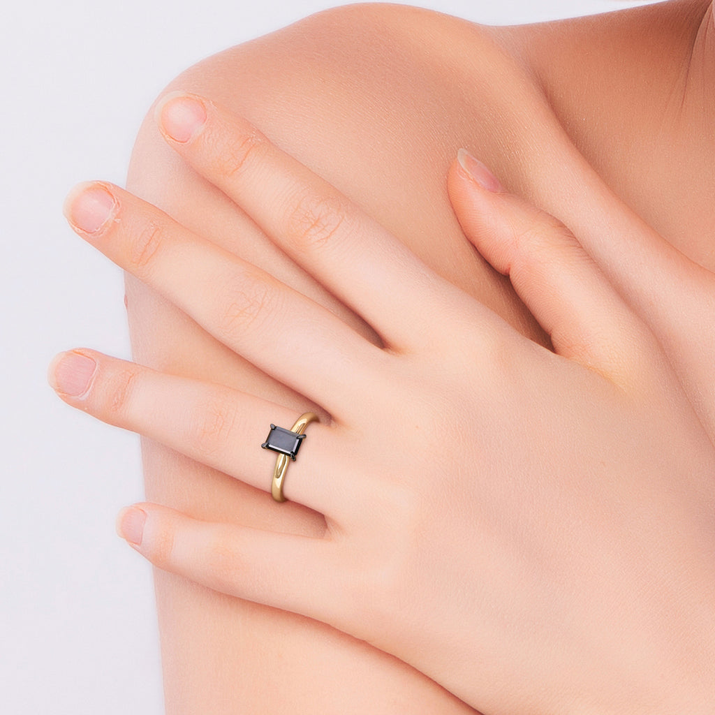 Emerald Cut Black Diamond Solitaire Ring in 14k Yellow Gold (1.00ct)