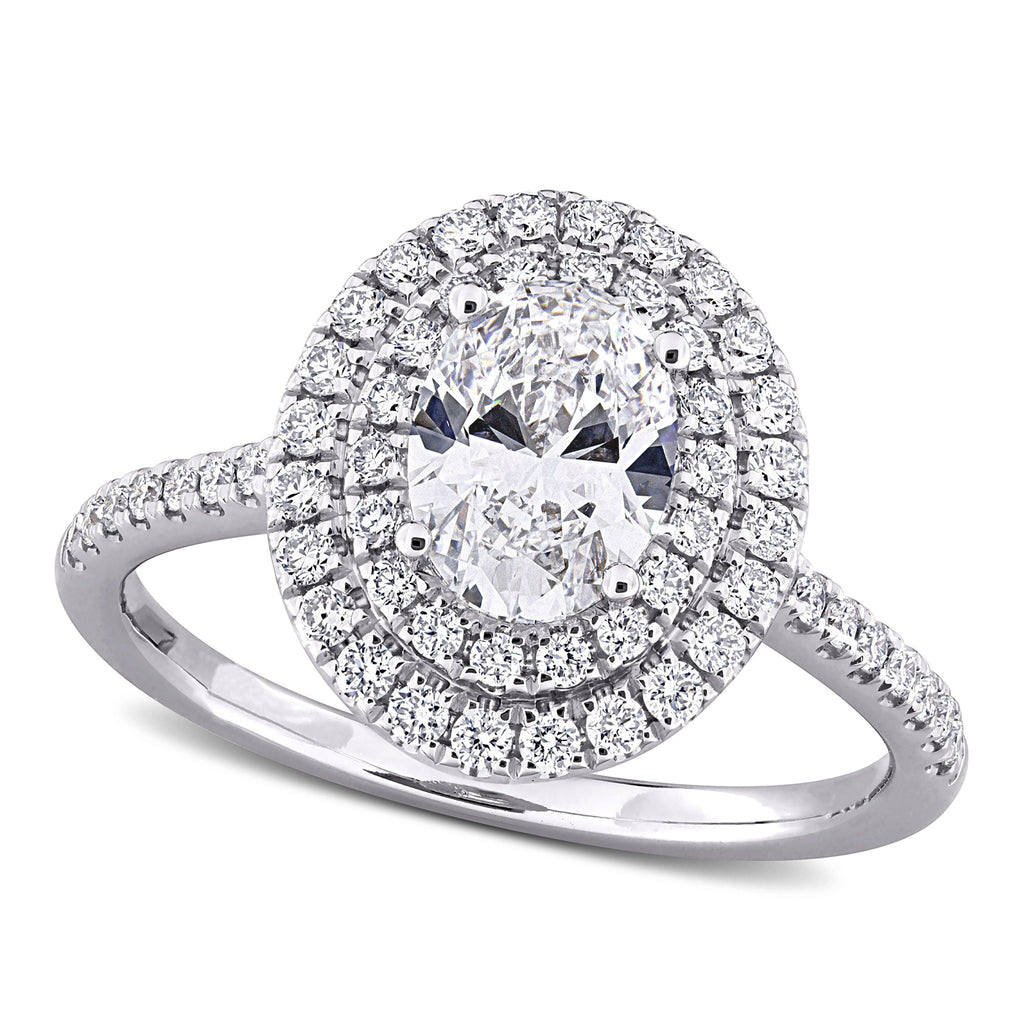Oval Cut Lab  Diamond Double Halo Ring 14K White Gold (1.51ct)
