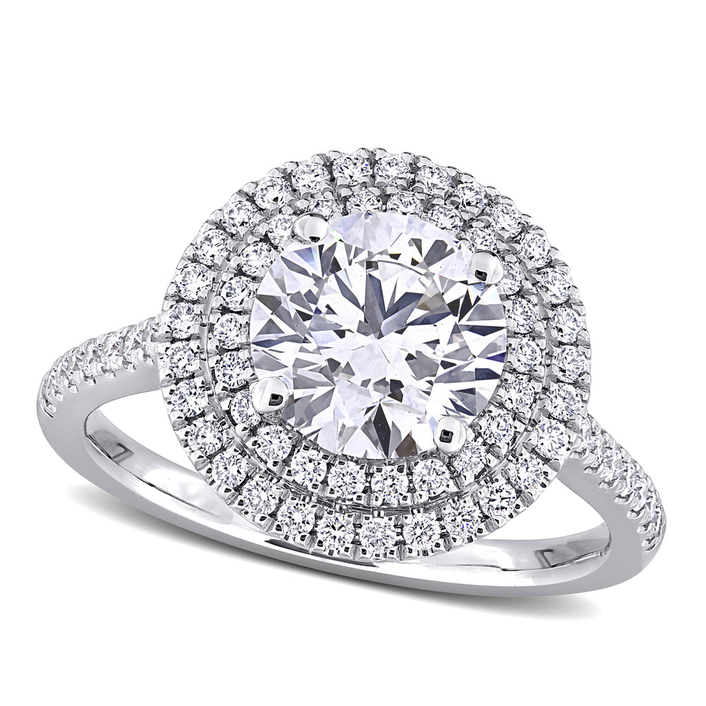 Round Cut Lab  Diamond Double Halo Ring 14K White Gold (2.52ct)