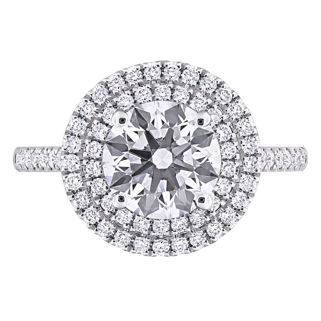 Round Cut Lab  Diamond Double Halo Ring 14K White Gold (2.52ct)