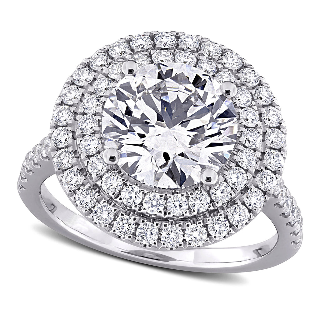Round Cut Lab  Diamond Double Halo Ring 14K White Gold (3.89ct)