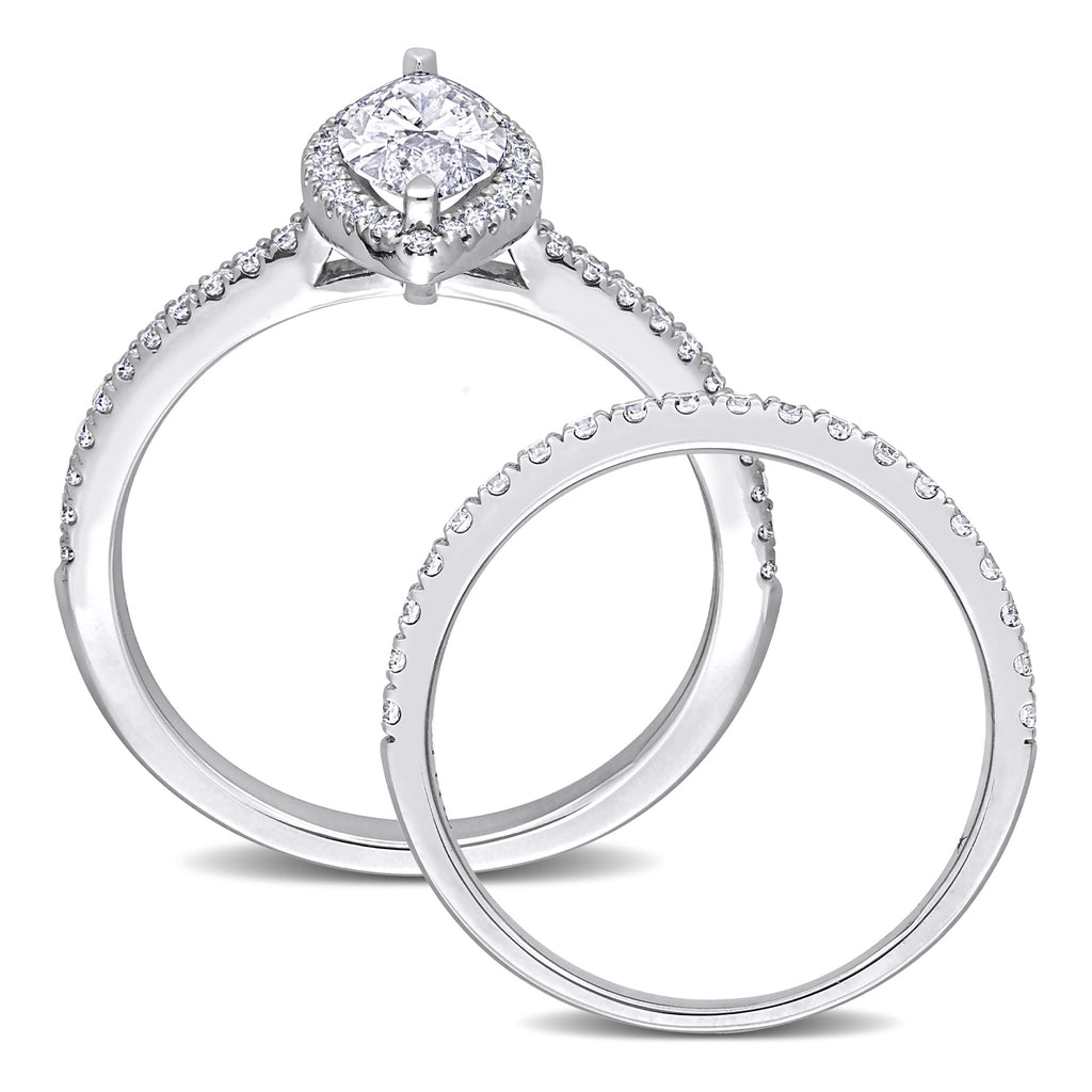 Marquise Cut Lab Grown Diamond Halo Bridal Set 14K White Gold (1.84ct)