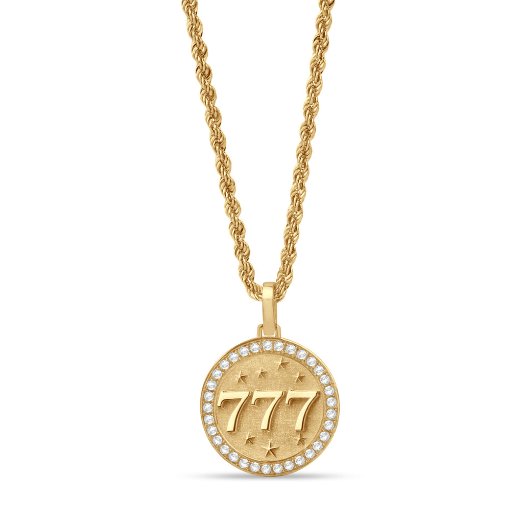 Diamond 777 Angel Number Disc Pendant Necklace 14K Yellow Gold (0.20ct)