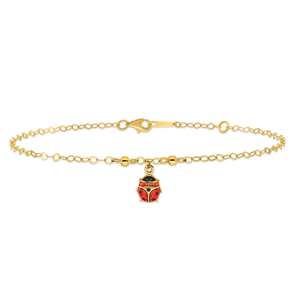Enameled Ladybug 9inch with 1inch Extension Anklet Bracelet in 14k Gold