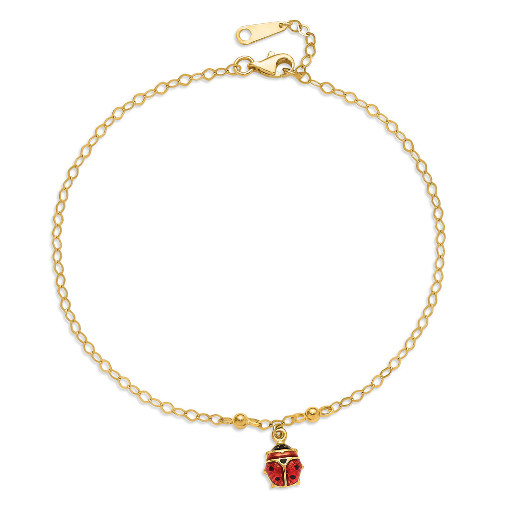 Enameled Ladybug 9inch with 1inch Extension Anklet Bracelet in 14k Gold