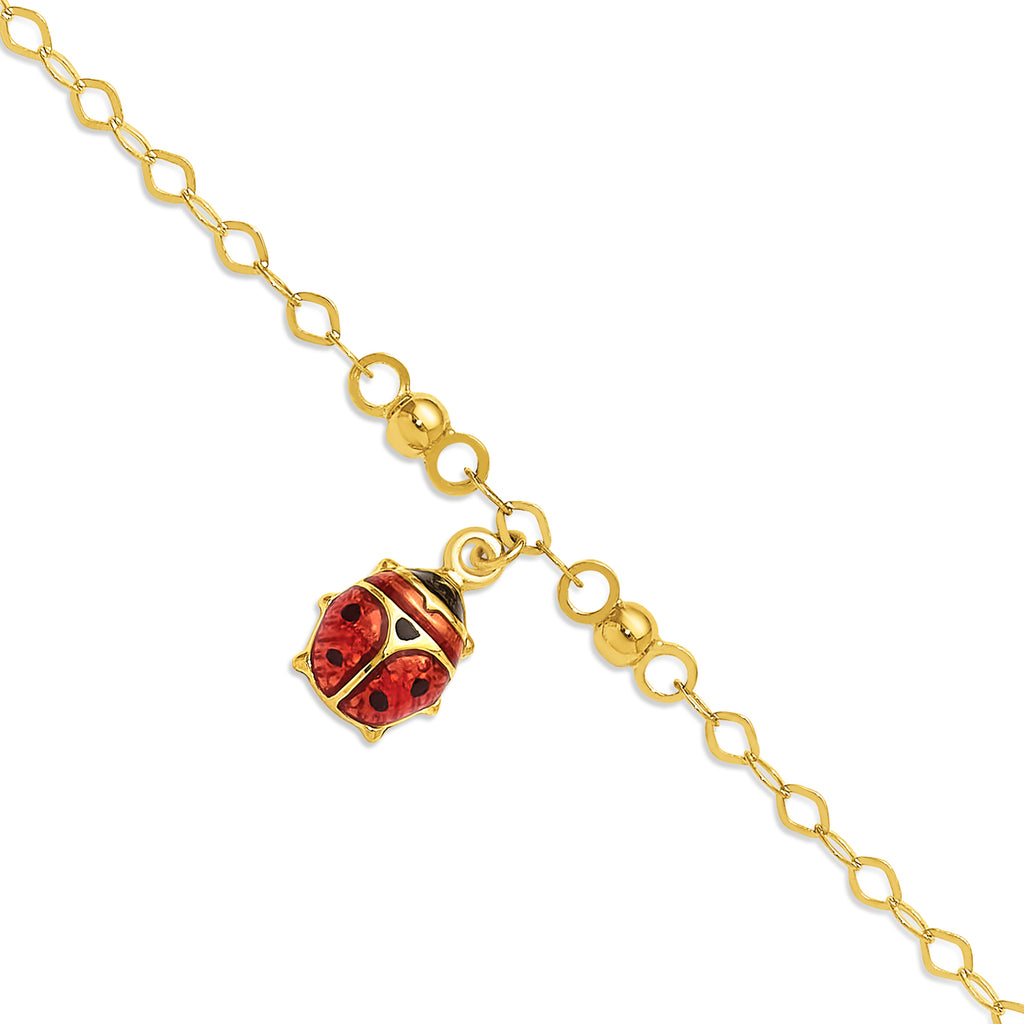Enameled Ladybug 9inch with 1inch Extension Anklet Bracelet in 14k Gold