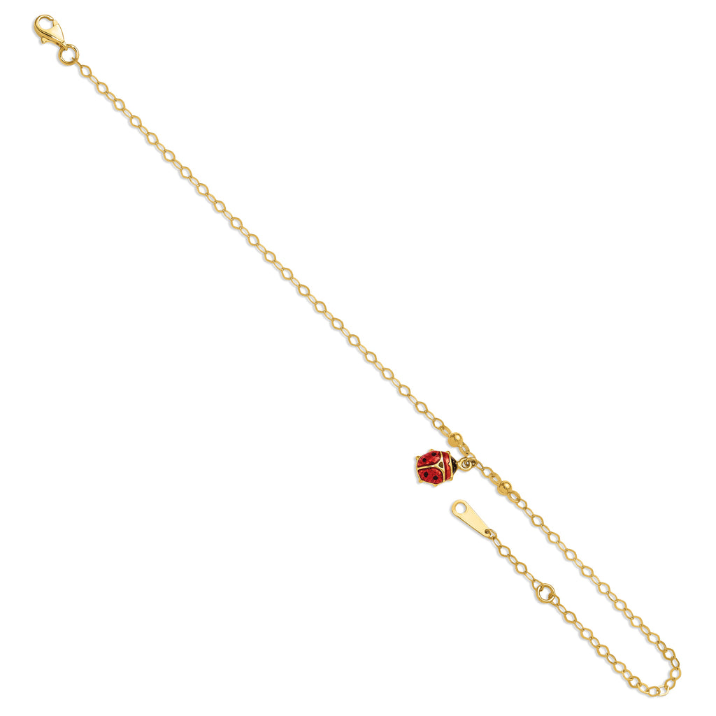 Enameled Ladybug 9inch with 1inch Extension Anklet Bracelet in 14k Gold