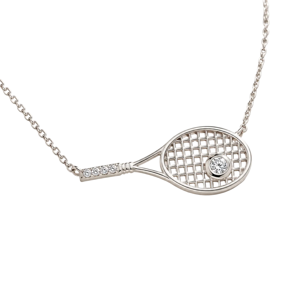 Lab Grown Diamond Tennis Racket Pendant Necklace 14K White Gold (0.15ct)