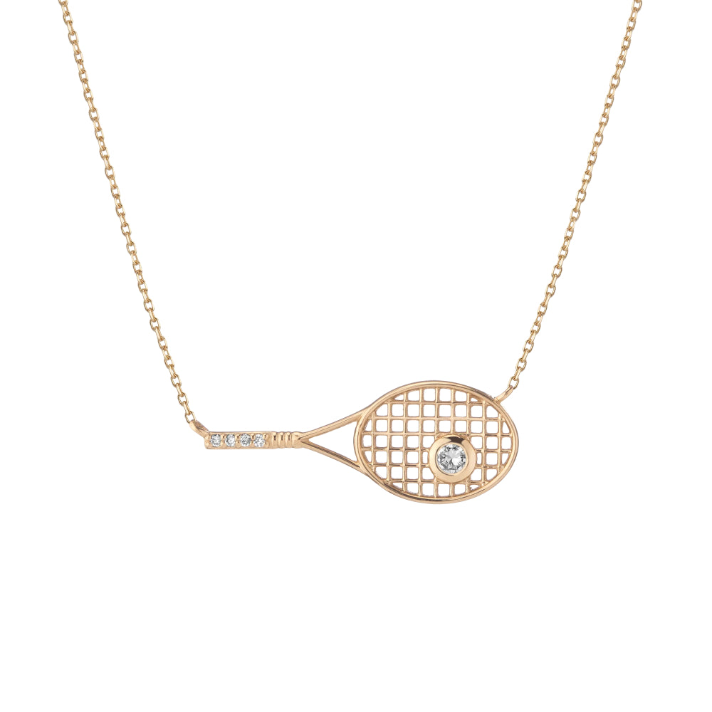 Lab Grown Diamond Tennis Racket Pendant Necklace 14K Yellow Gold (0.15ct)