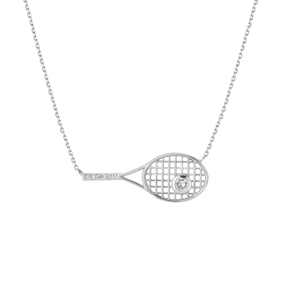 Round Diamond Tennis Racket Pendant Necklace 14K White Gold (0.15ct)