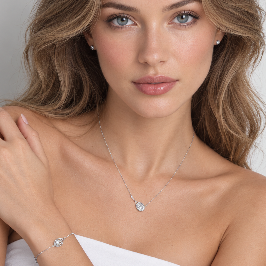 Round Diamond Tennis Racket Pendant Necklace 14K White Gold (0.15ct)