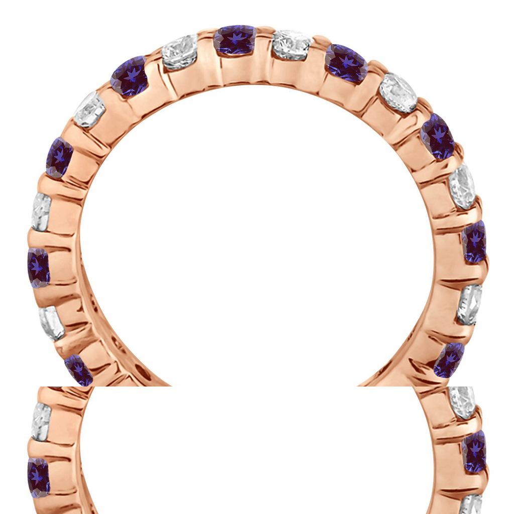 AZ10717 lab alexandrite and diamond eternity band in 14k rose gold, true profile view