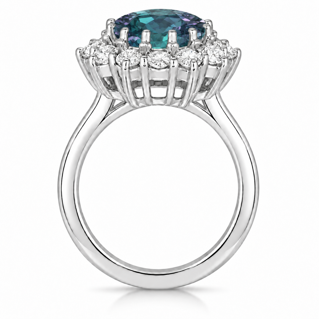 Oval lab alexandrite and 12-diamond halo ring in 18k white gold, round shank side view