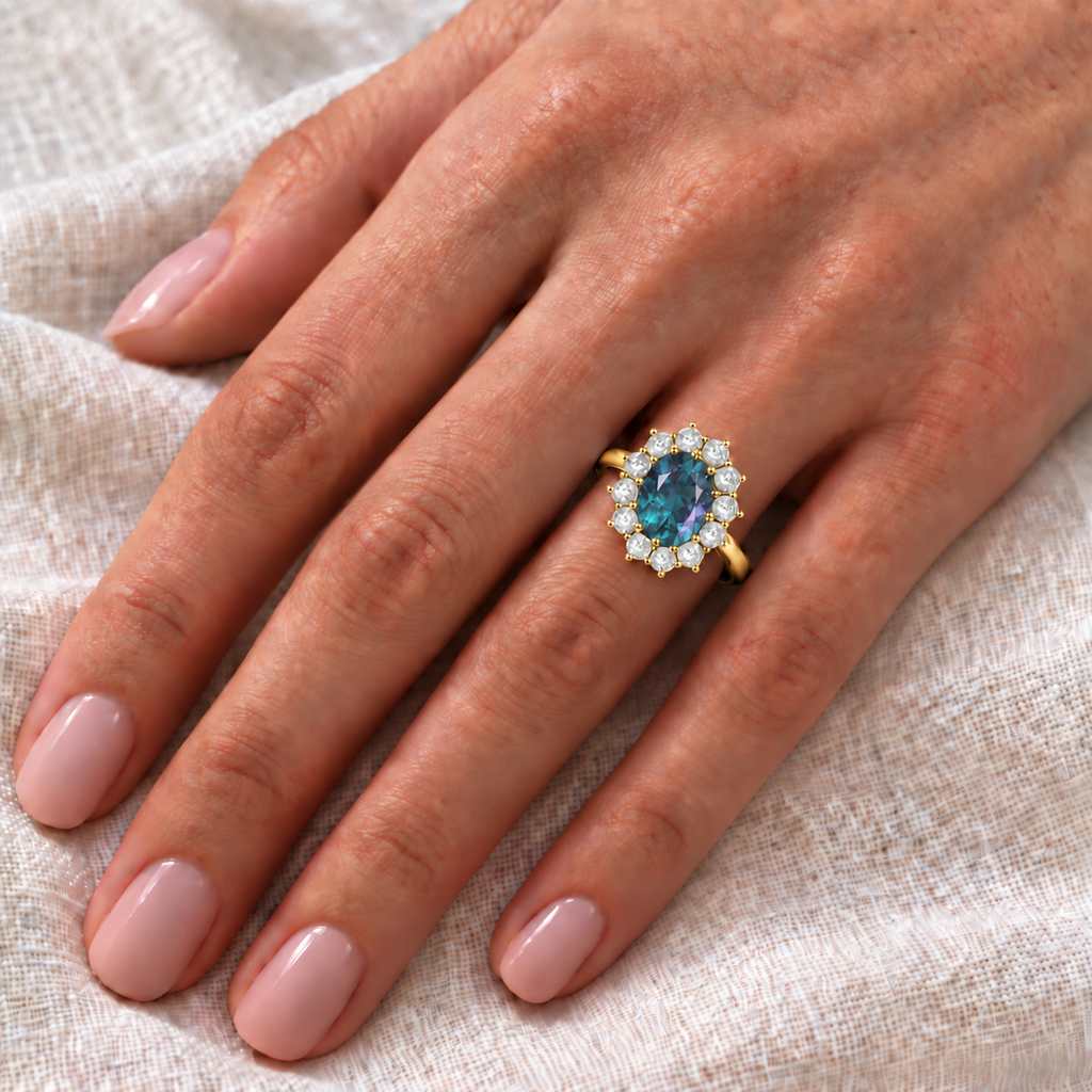 Oval lab alexandrite and diamond halo ring in 18k yellow gold on left hand over ivory linen