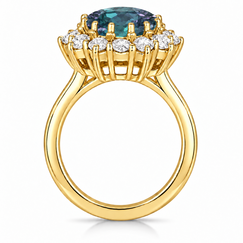 Oval lab alexandrite and 12-diamond halo ring in 18k yellow gold, round shank side view
