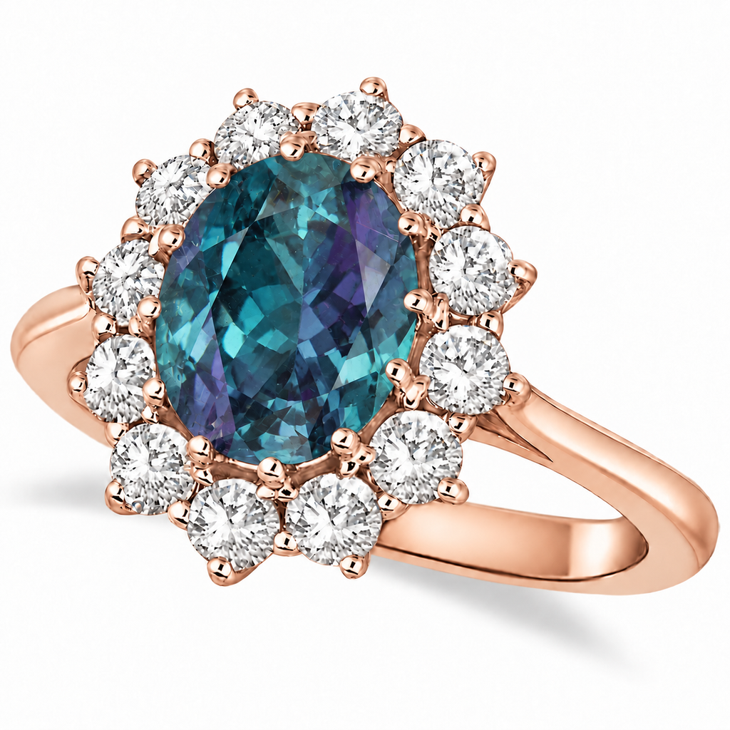 Oval lab alexandrite and 12-diamond halo ring in 18k rose gold, main view