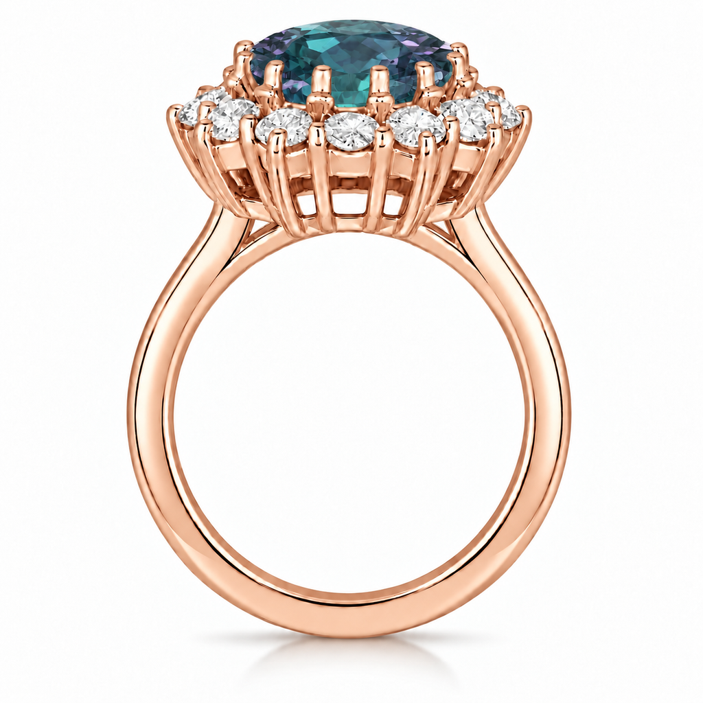 Oval lab alexandrite and 12-diamond halo ring in 18k rose gold, round shank side view