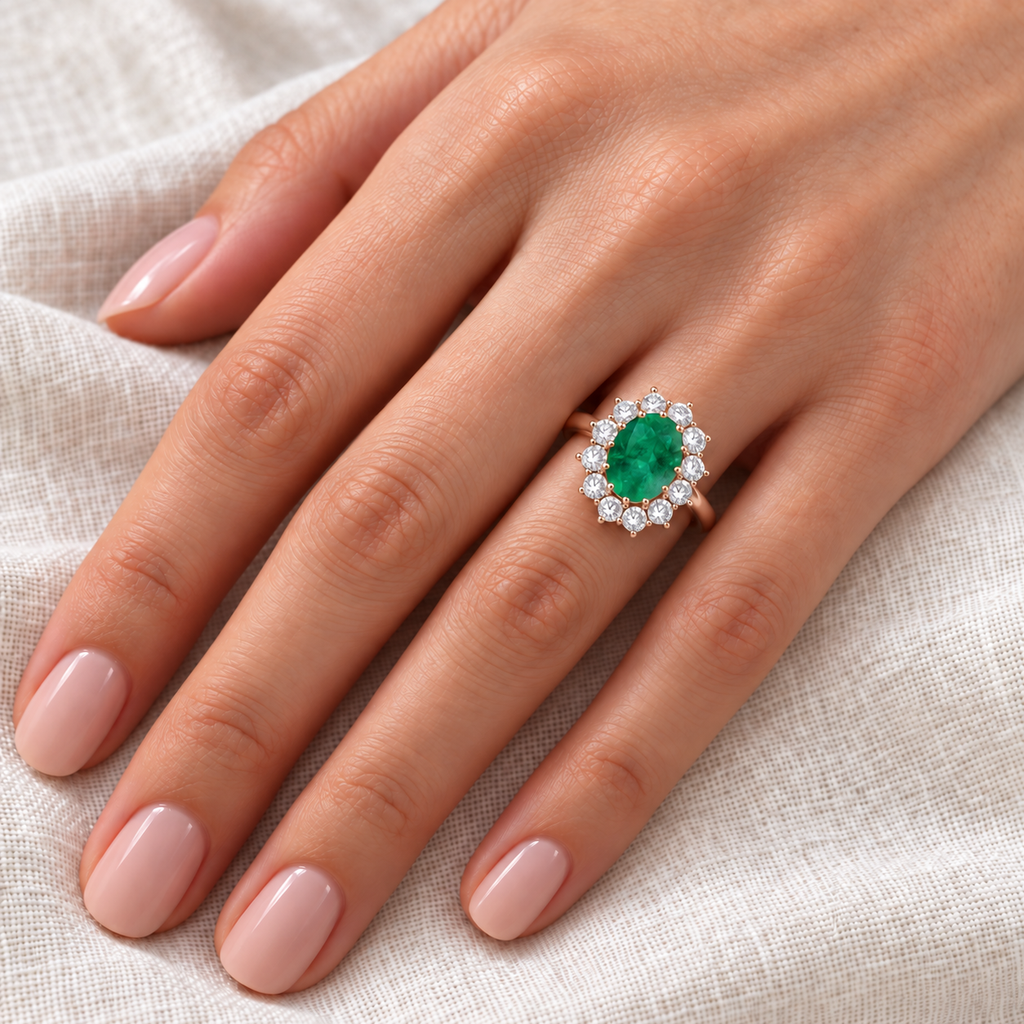 Natural oval emerald and twelve-diamond halo ring in 18k rose gold on left ring finger, ivory-linen closeup