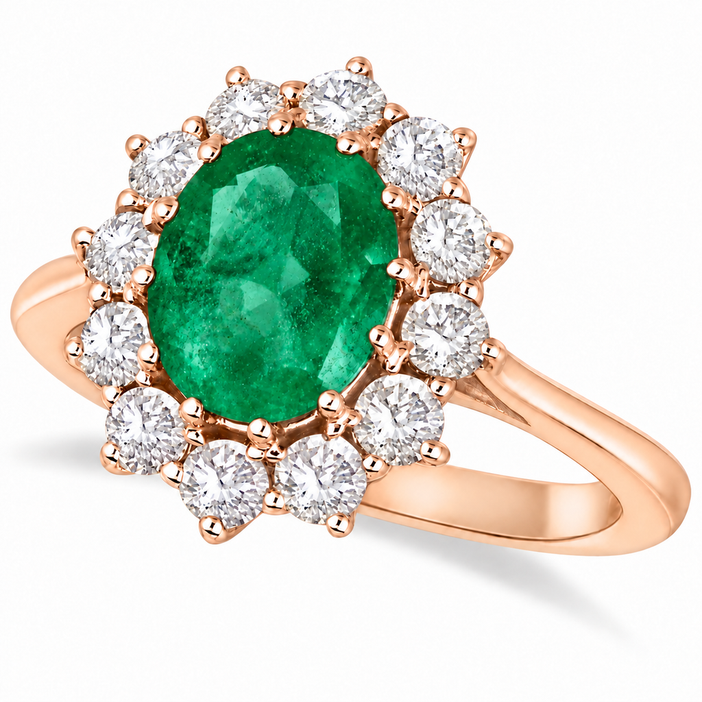Natural oval emerald and twelve-diamond halo ring in 18k rose gold, main view on neutral white