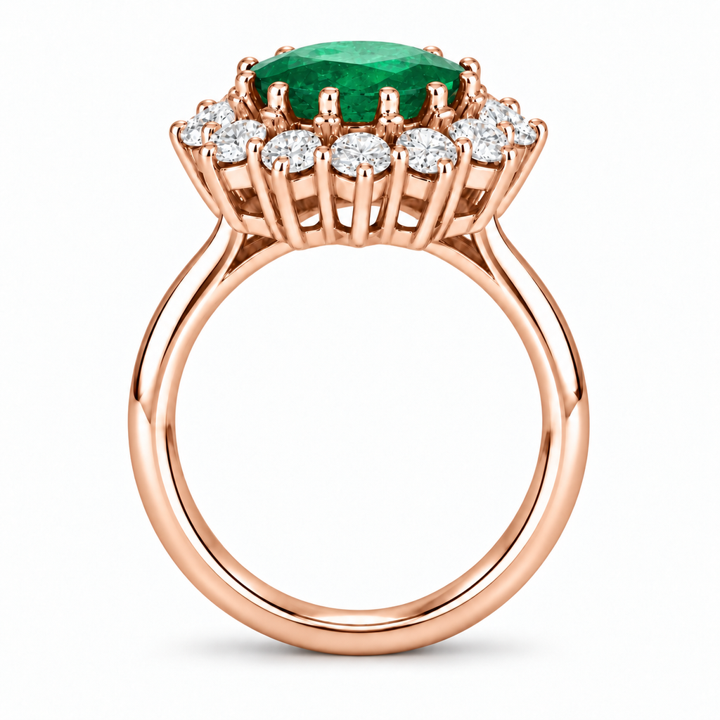 Natural oval emerald and twelve-diamond halo ring in 18k rose gold, true side profile with circular shank and soft gray contact shadow
